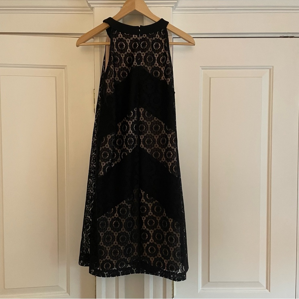 Flowy Lace Dress Black Lace over Beige, flattering fit, high neckline Si…
